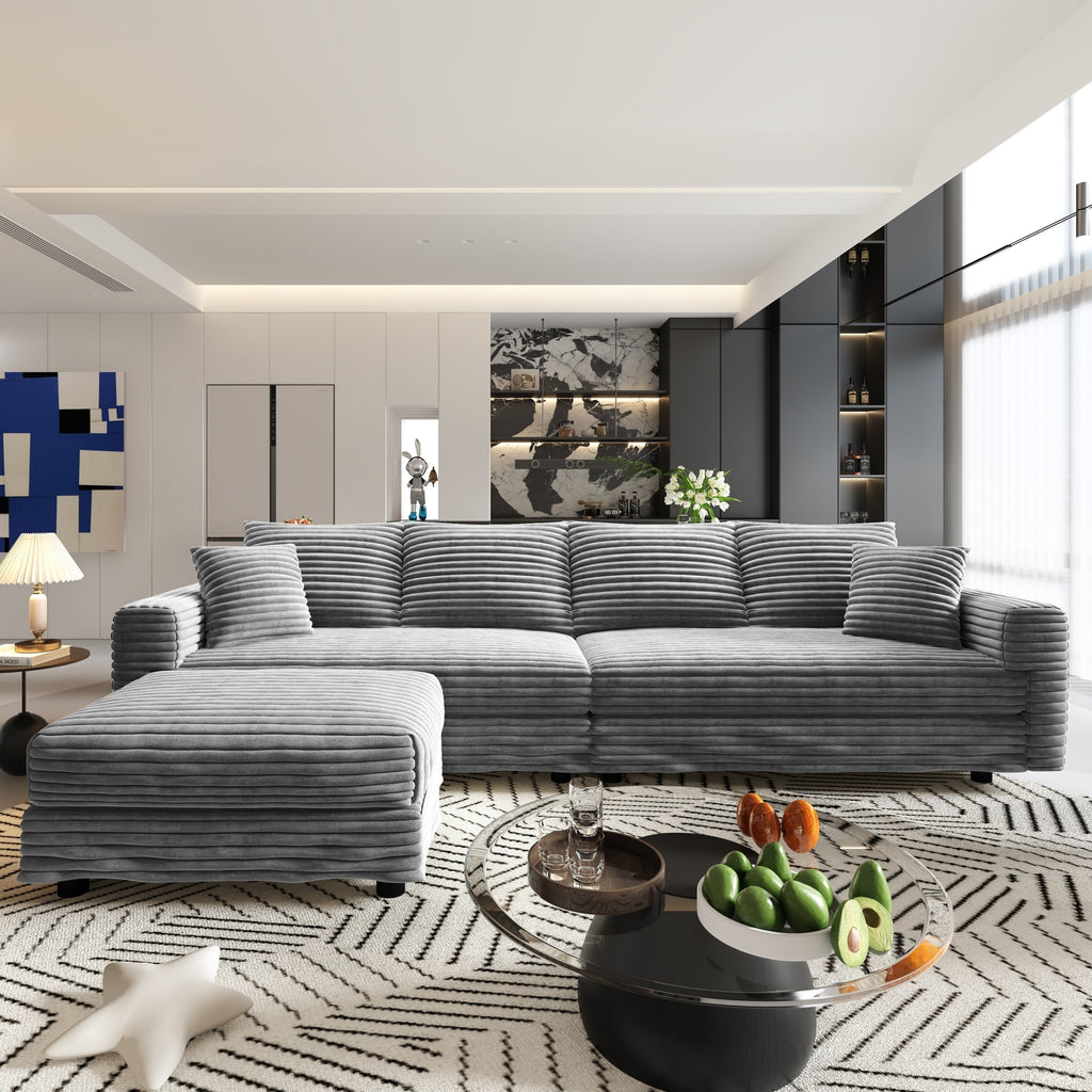 102.4 'Plush Corduroy 4-Seat Sofa,Modern Comfy Upholstered Sofa Cloud Couch,Deep Seat Couches with Soft Pillows and Movable Ottoman,Convertible Sofa Lounge Chair,for Living Room,Apartment,Office,Grey