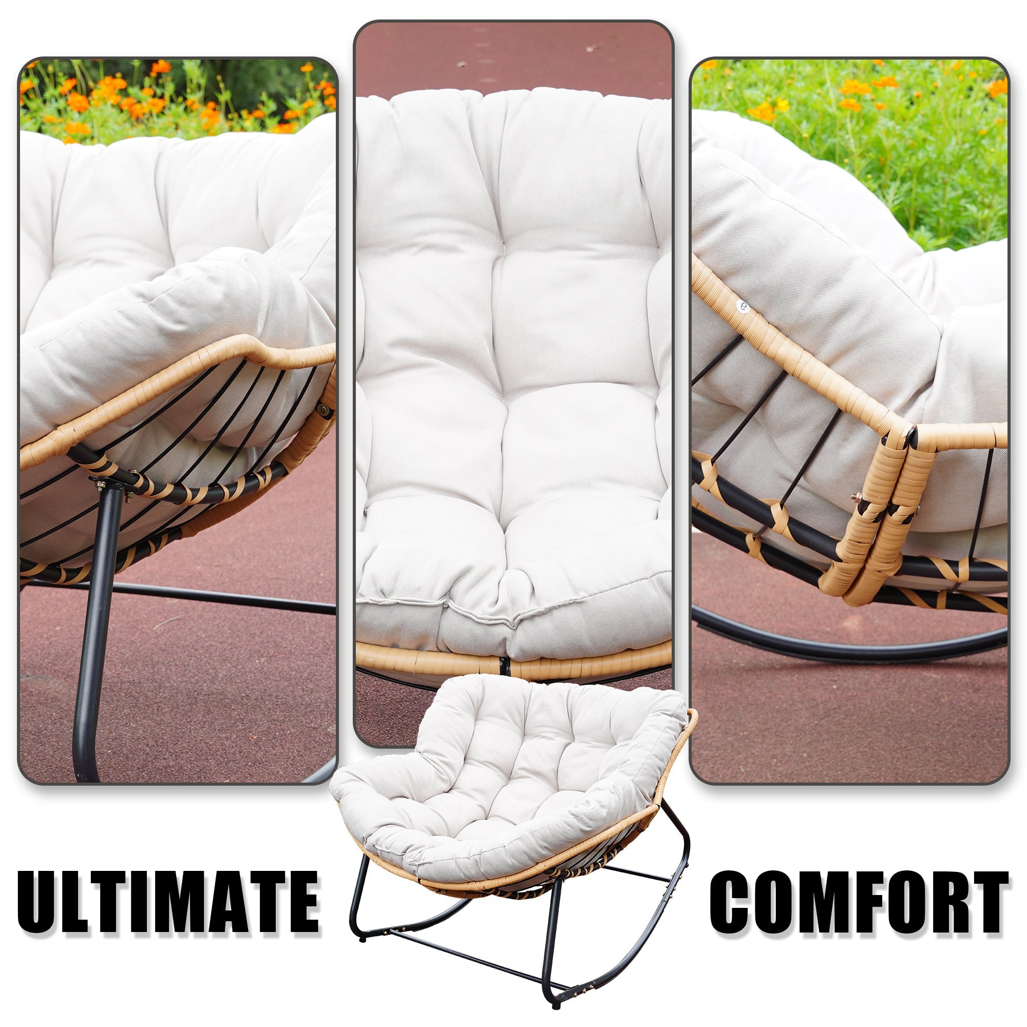 Outdoor Rocking Chair, Patio Egg Rocking Chair, Indoor Papasan Chair, Rattan Wicker Lounge Chair, Modern Royal Chair for Bedroom, Living Room, Porch, Garden,Lawn-Beige