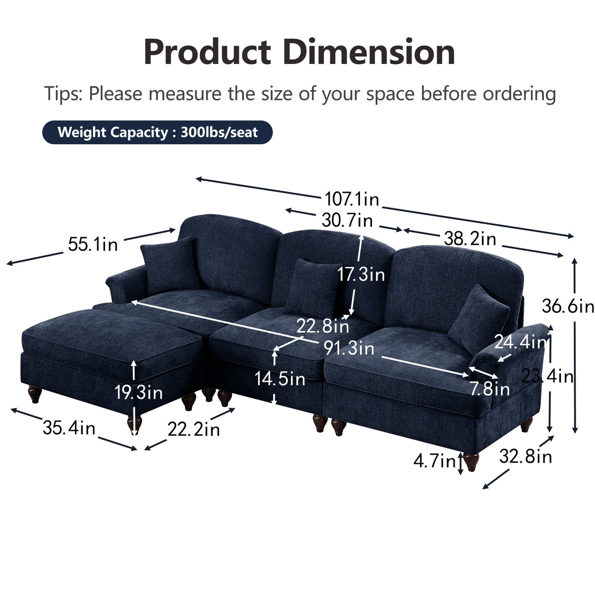 Mid Century Three Seater Modular L Shaped Sectional Couch with Flared Arms and Removable Ruffles Pleats Skirts and Spindle Legs, Comfy Chenille 3-Seat Deep Seat Sofa with Movable Ottoman,Blue