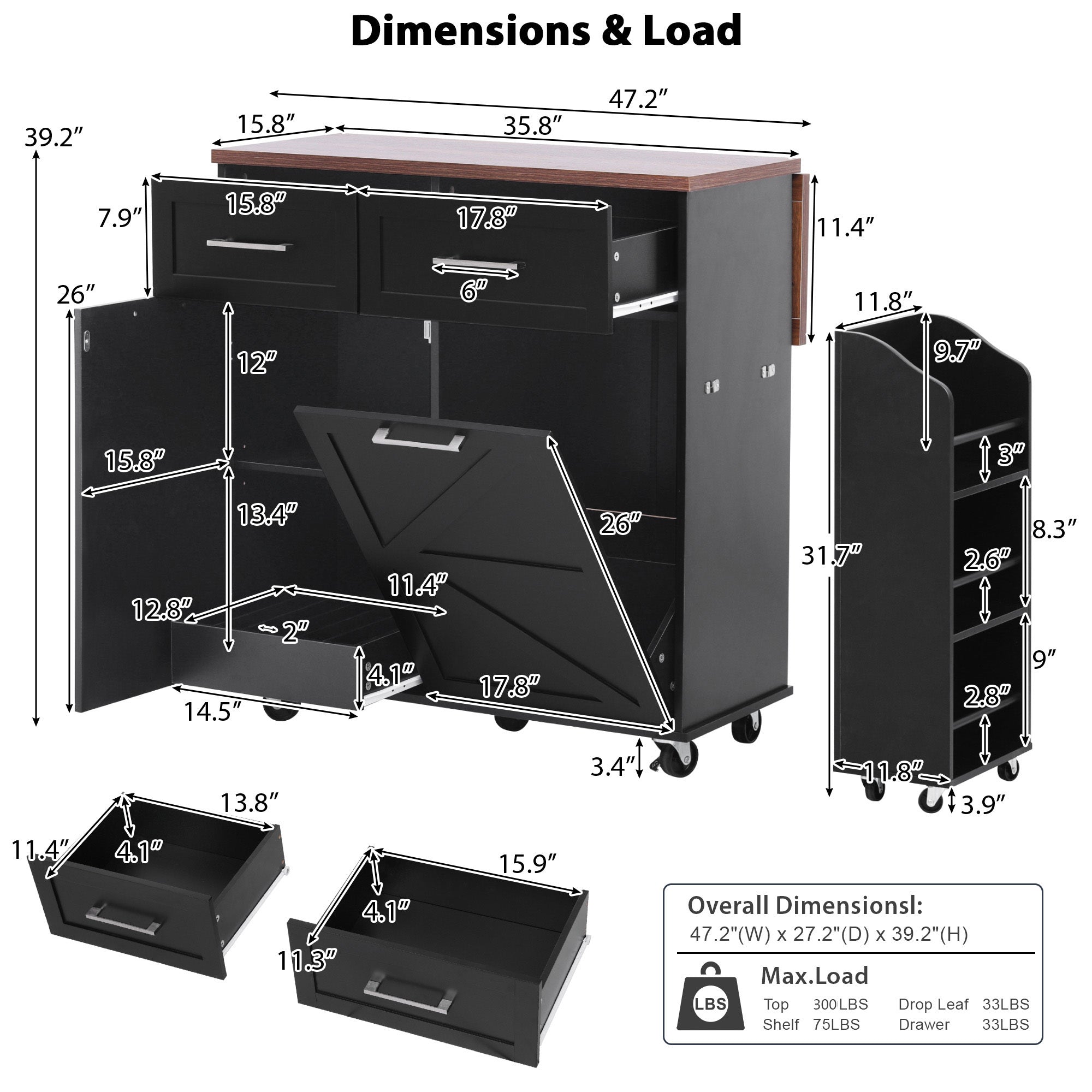 K&K 47.2' Farmhouse Kitchen Island with Drop Leaf, Kitchen Storage Island with Removable Side Racks, Two Drawers, Rolling Kitchen Cart on Wheels with Towel Rack, for Home, Kitchen, Dining Room, Black