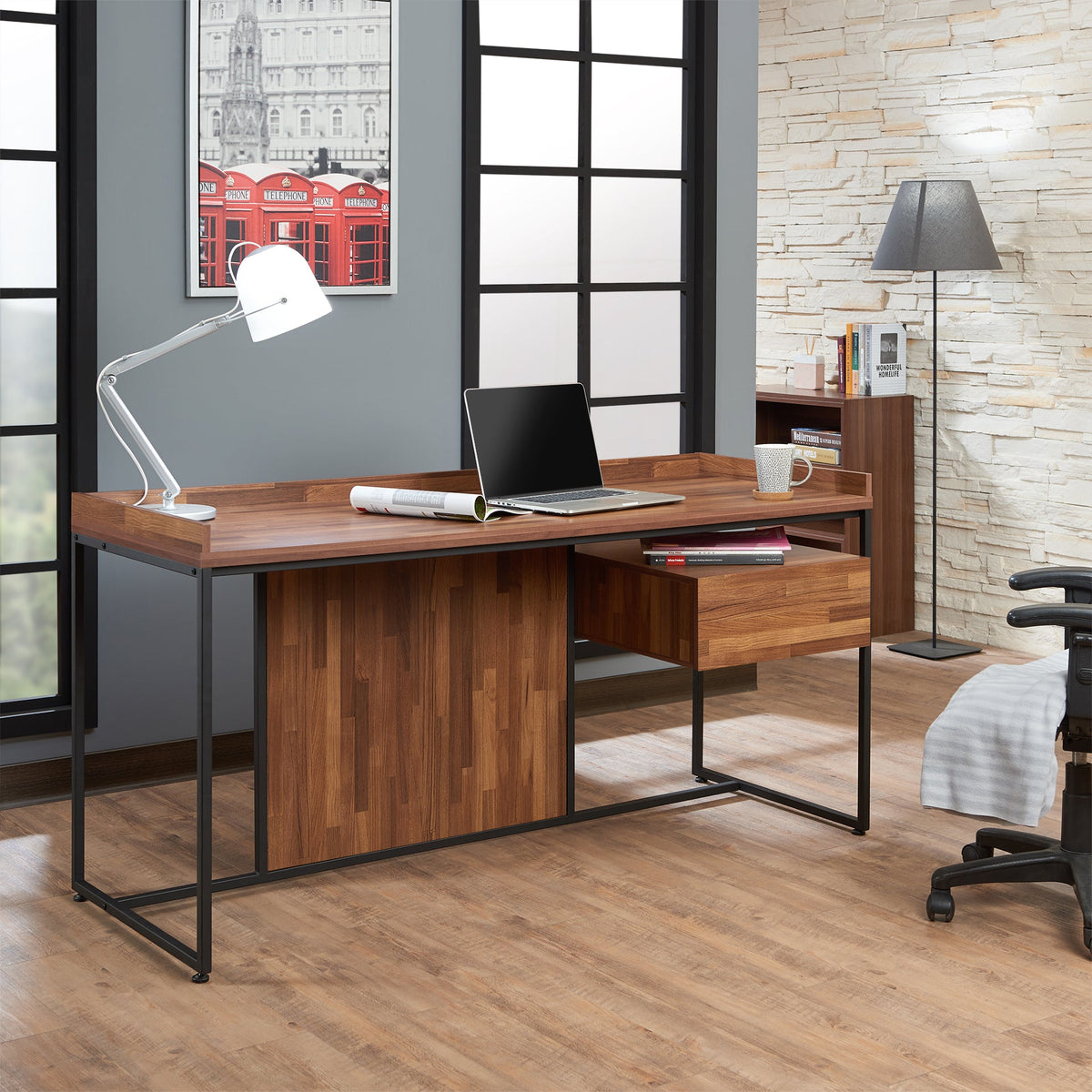 Walnut and Sandy Black 1-Drawer Writing Desk
