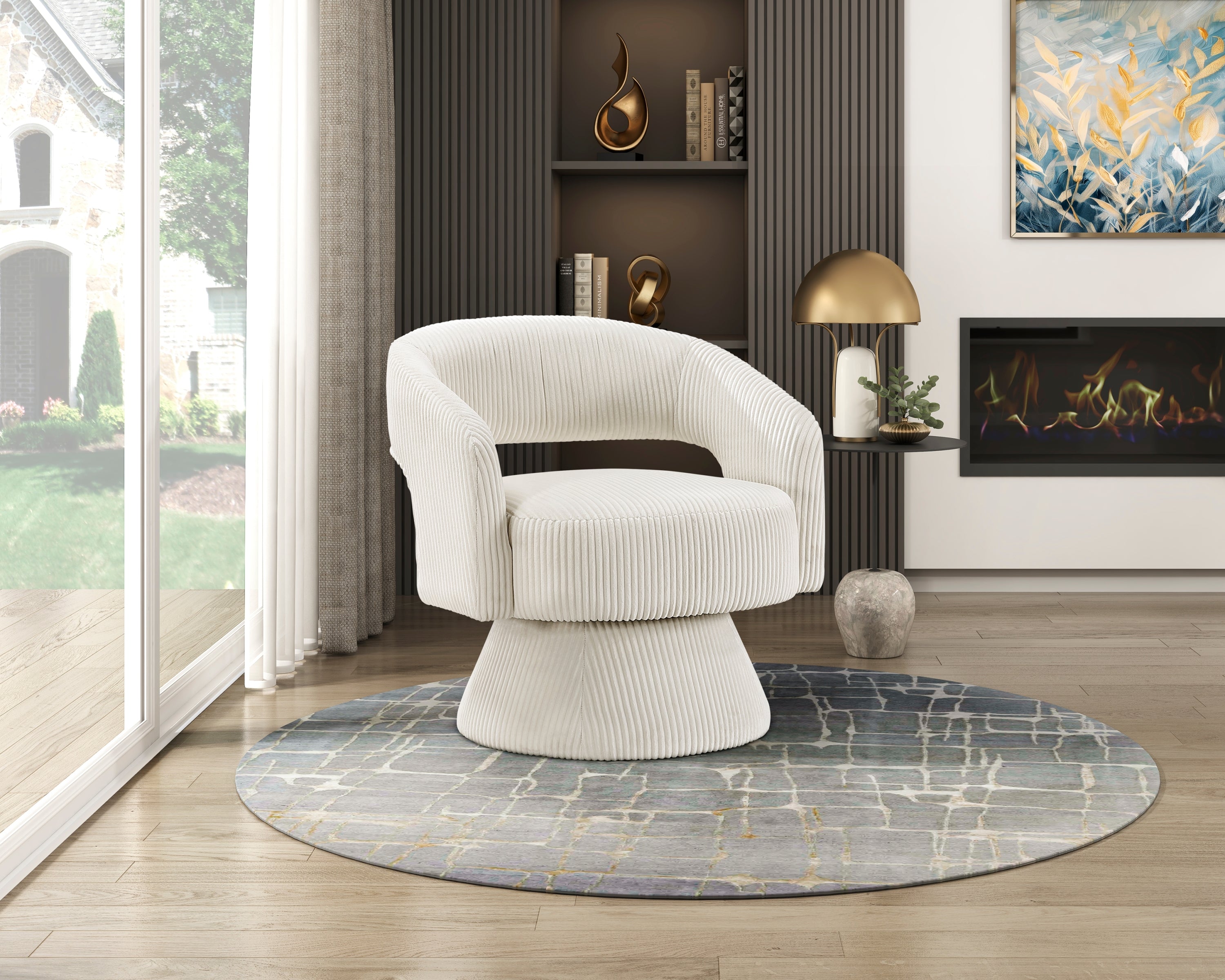 Modern Luxurious Swivel Accent Chair Beige Soft Corduroy Plush Seating Solid Wood Stylish Home Furniture 1pc