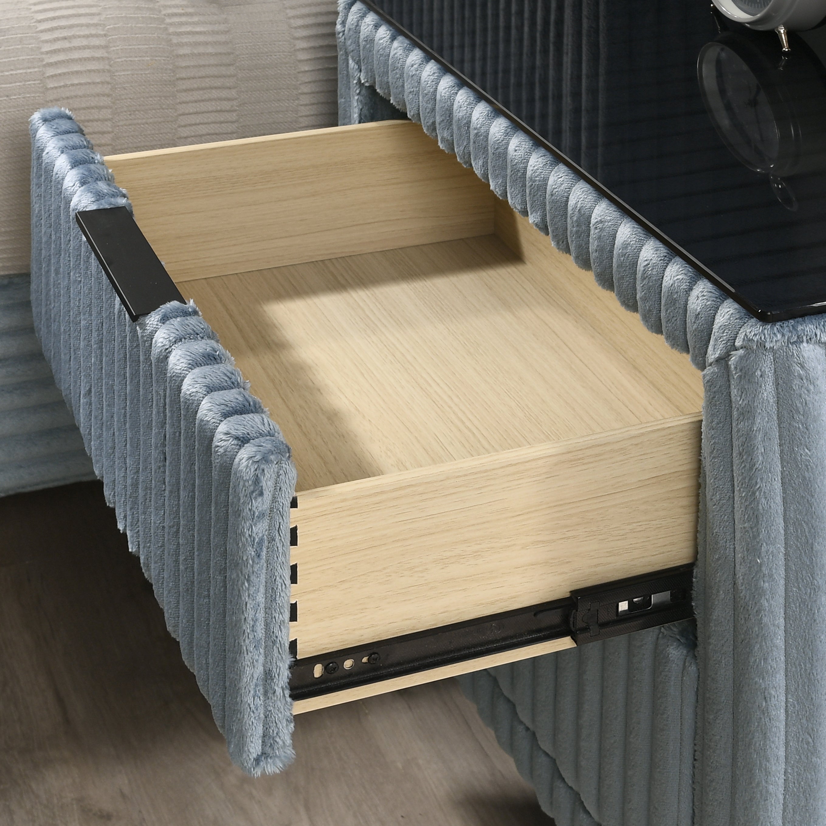 Mavela Wide Wale Corduroy Upholstery Panel King Bed with 2 Nightstands and Bench, Blue