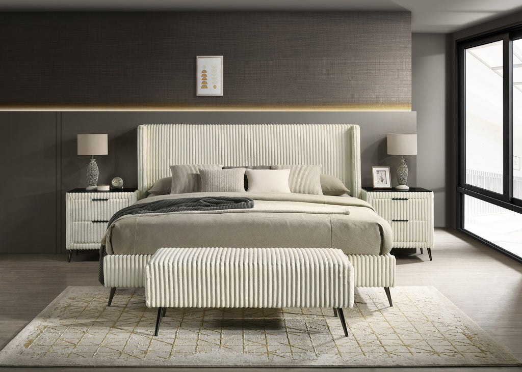Mavela Wide Wale Corduroy Upholstery Panel King Bed with 2 Nightstands and Bench, Cream