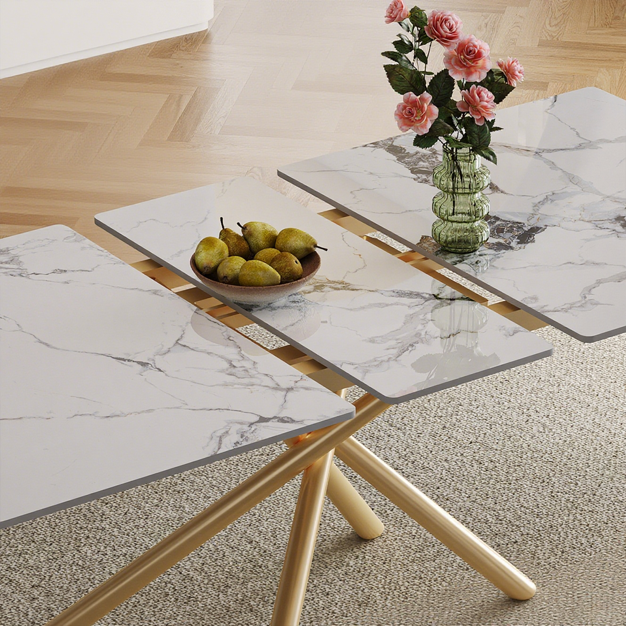 59-inch Modern rectangle Expandable Dining Table with Retractable Leaf, Sintered Stone Top & Golden Carbon Steel X-Base, Sturdy 4-6 Person Table for Small Apartments, Kitchen, Dining Room