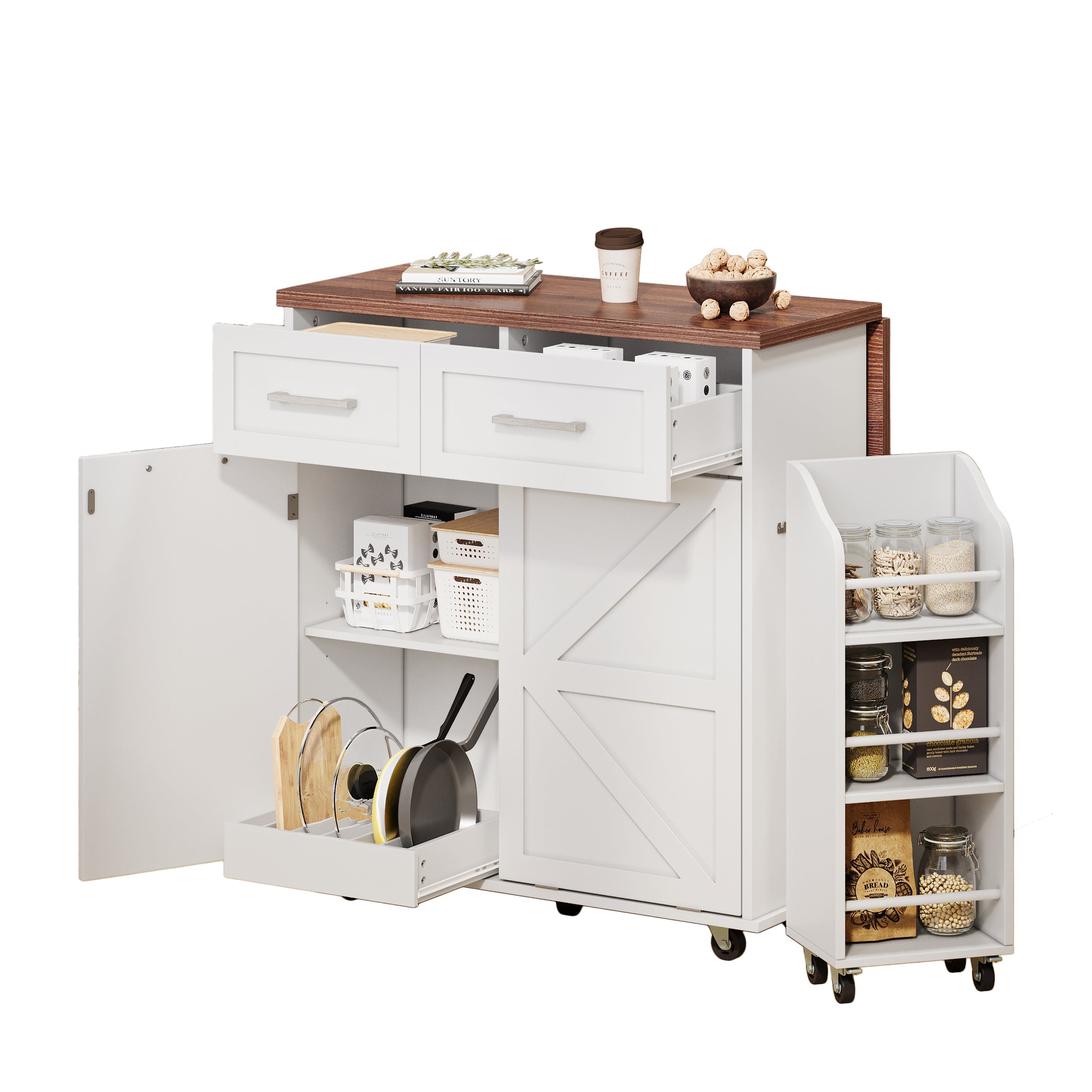 K&K 47.2' Farmhouse Kitchen Island with Drop Leaf, Kitchen Storage Island with Removable Side Racks, Two Drawers, Rolling Kitchen Cart on Wheels with Towel Rack, for Home, Kitchen, Dining Room, White