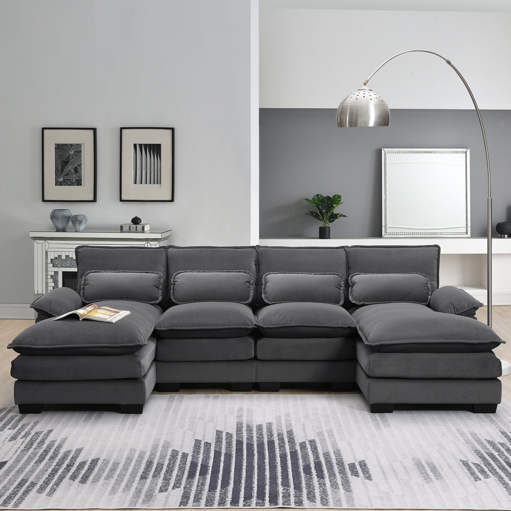 109.8*55.9' Modern U-shaped Sectional Sofa with Waist Pillows,6-seat Upholstered Symmetrical Sofa Furniture,Sleeper Sofa Couch with Chaise Lounge for Living Room,Apartment,5 Color