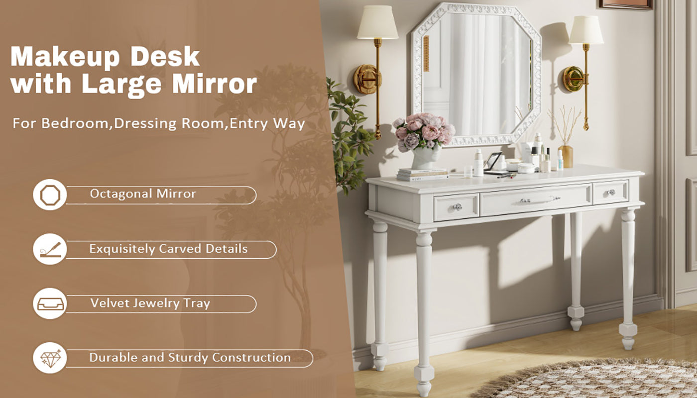 Retro Makeup Desk with Large Mirror, 3-Drawer Dressing Table for Jewelry Storage, Elegant Console Table for Bedroom, Living Room, Hallway & Foyer,White
