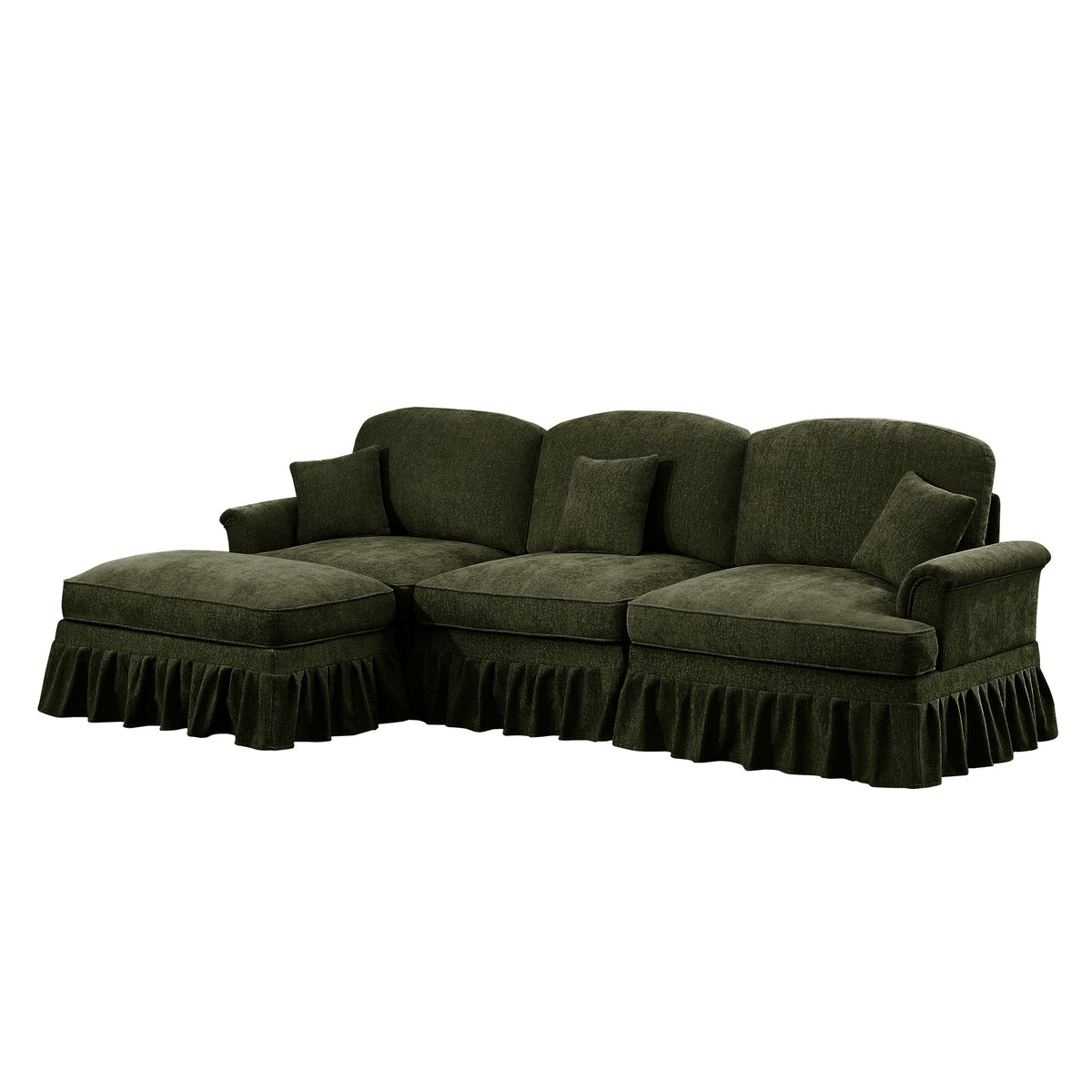 Mid Century Three Seater Modular L Shaped Sectional Couch with Flared Arms and Removable Ruffles Pleats Skirts and Spindle Legs, Comfy Chenille 3-Seat Deep Seat Sofa with Movable Ottoman,Green