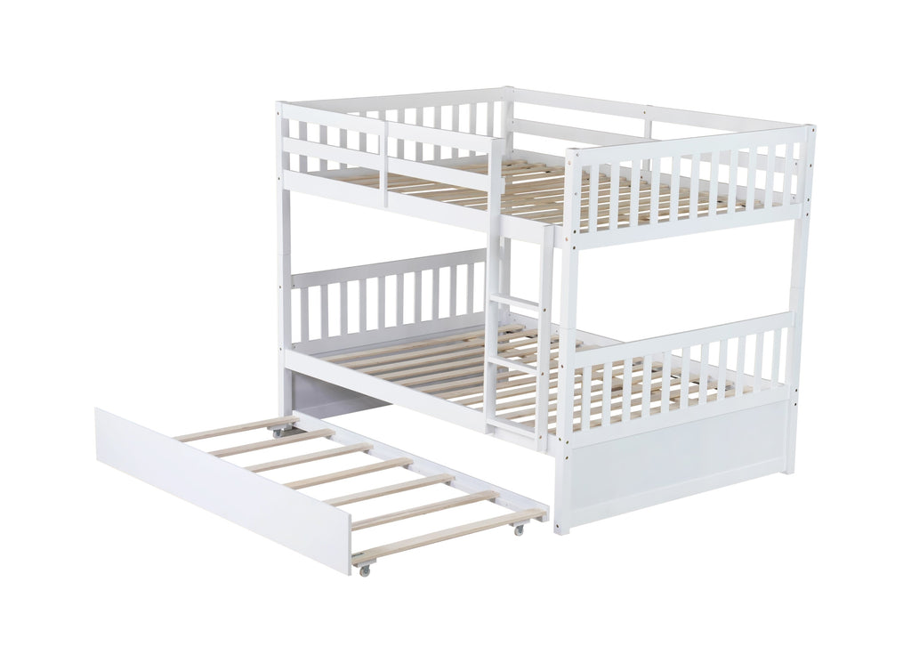 Full Over Full Rubber Wood Bunk Bed with Trundle, Ladder and Guardrails, Convertible to 2 Full Size Beds, with Twin Size Trundle,White