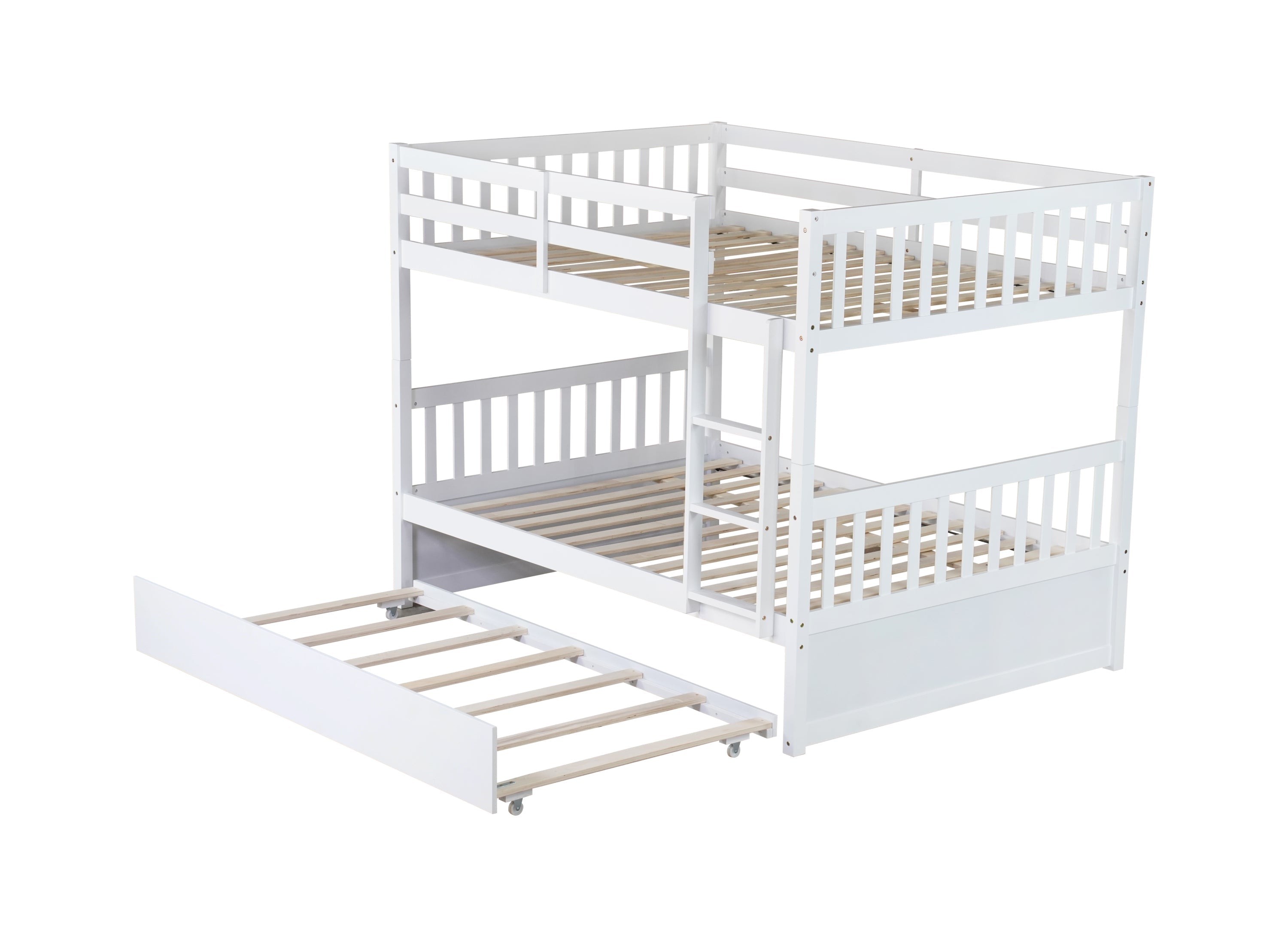Full Over Full Rubber Wood Bunk Bed with Trundle, Ladder and Guardrails, Convertible to 2 Full Size Beds, with Twin Size Trundle,White