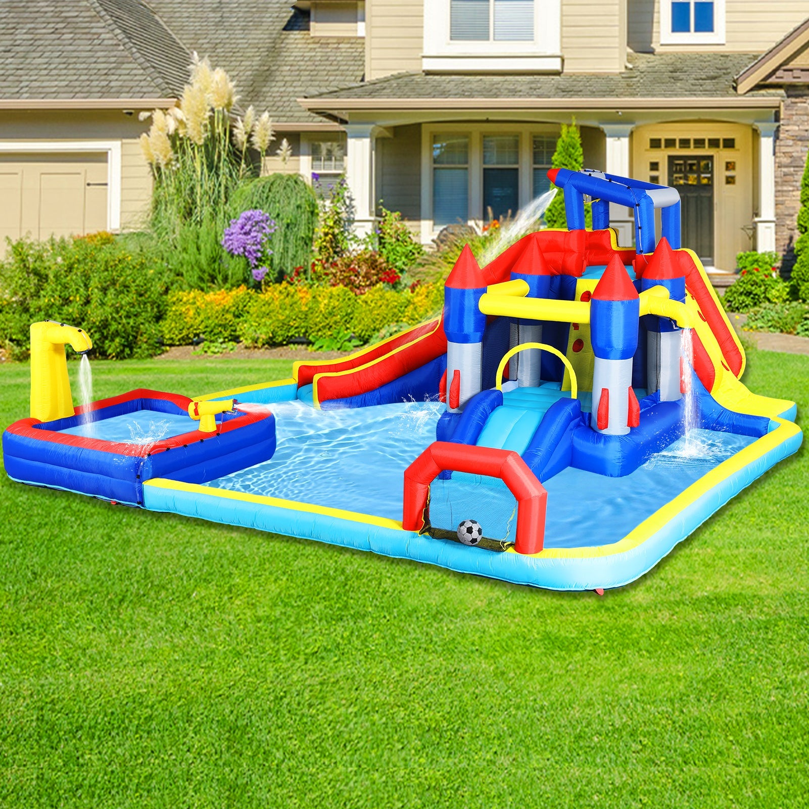 10 in1 Inflatable slide water park  bouncing house garden with splash pool & water gun & basketball & climbing wall & dual pools & soccer