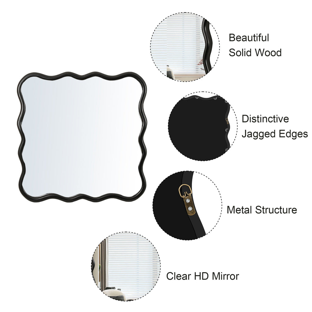 Solid Wood Wavy Square Mirror-Black 36' x 36' Modern Mirror Wall Decor for Bathroom, Bedroom, Living Room, Dining Room, Cloakroom, Entryway