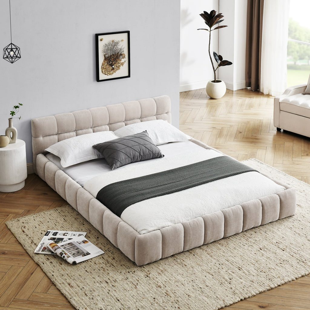 Modern Queen Size Upholstered Bed Frame with Headboard, Thick Chenille Fabric, Beige