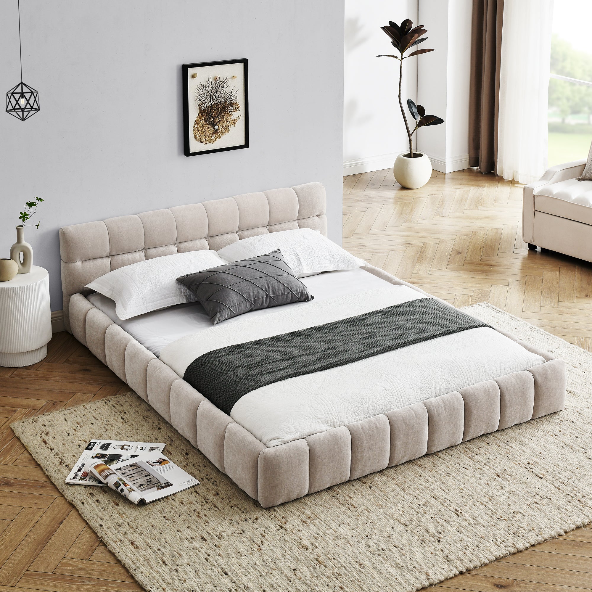 Modern Queen Size Upholstered Bed Frame with Headboard, Thick Chenille Fabric, Beige