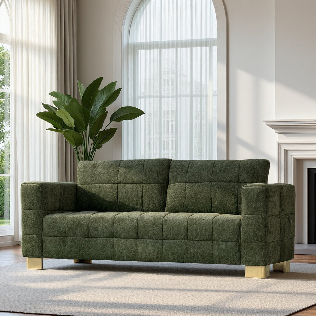 FX-P54-RG SOFA  Modern Green Chenille Sofa Couch, 3-Seater with Square-Tufted Design & Custom Stainless-Steel Legs Comfortable Living Room Couch for Apartment & Small Spaces