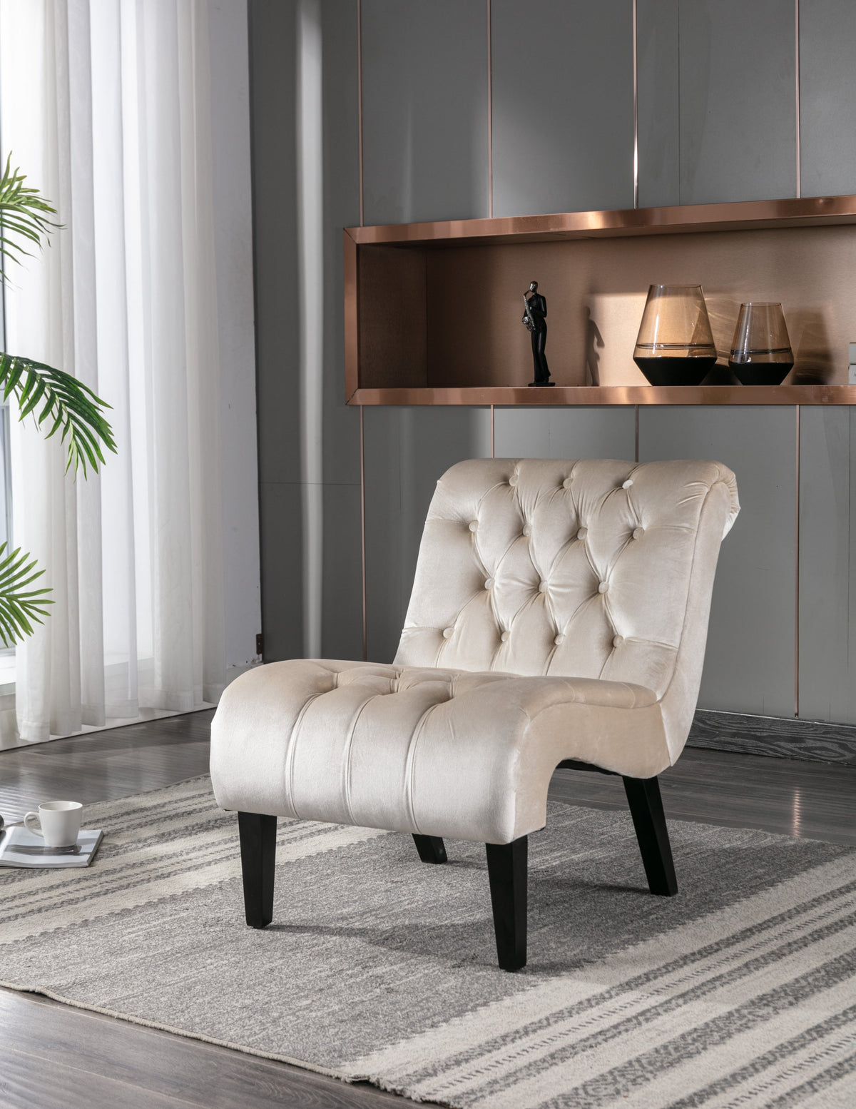 COOLMORE Modern Velvet Armless Accent Living Room Chair / Leisure Chair,Upholstered Fabric Button Comfortable Chair with Wooden Legs for Bedroom, Living Room, Office (Beige Velvet)