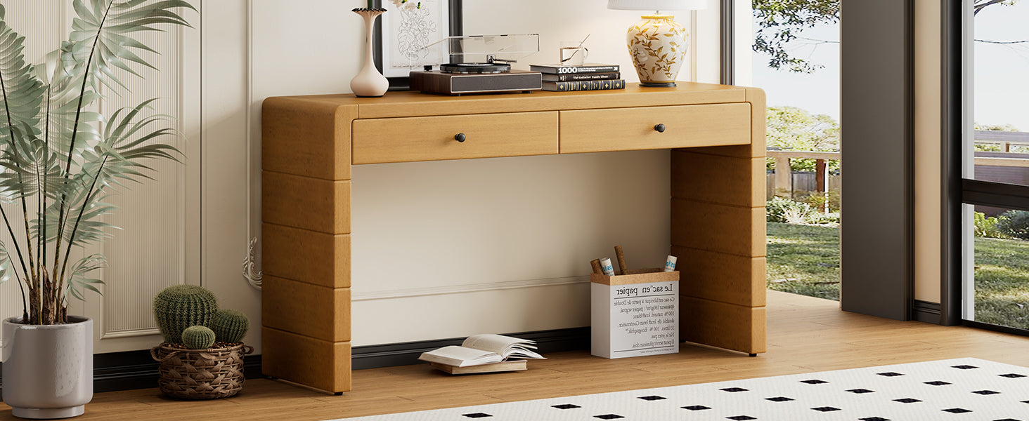 TREXM Curved Console Table with Storage, Wooden Entryway Table with 2 Drawers, Farmhouse Rustic Console Tables for Entryway, Hallway, Living Room, Natural