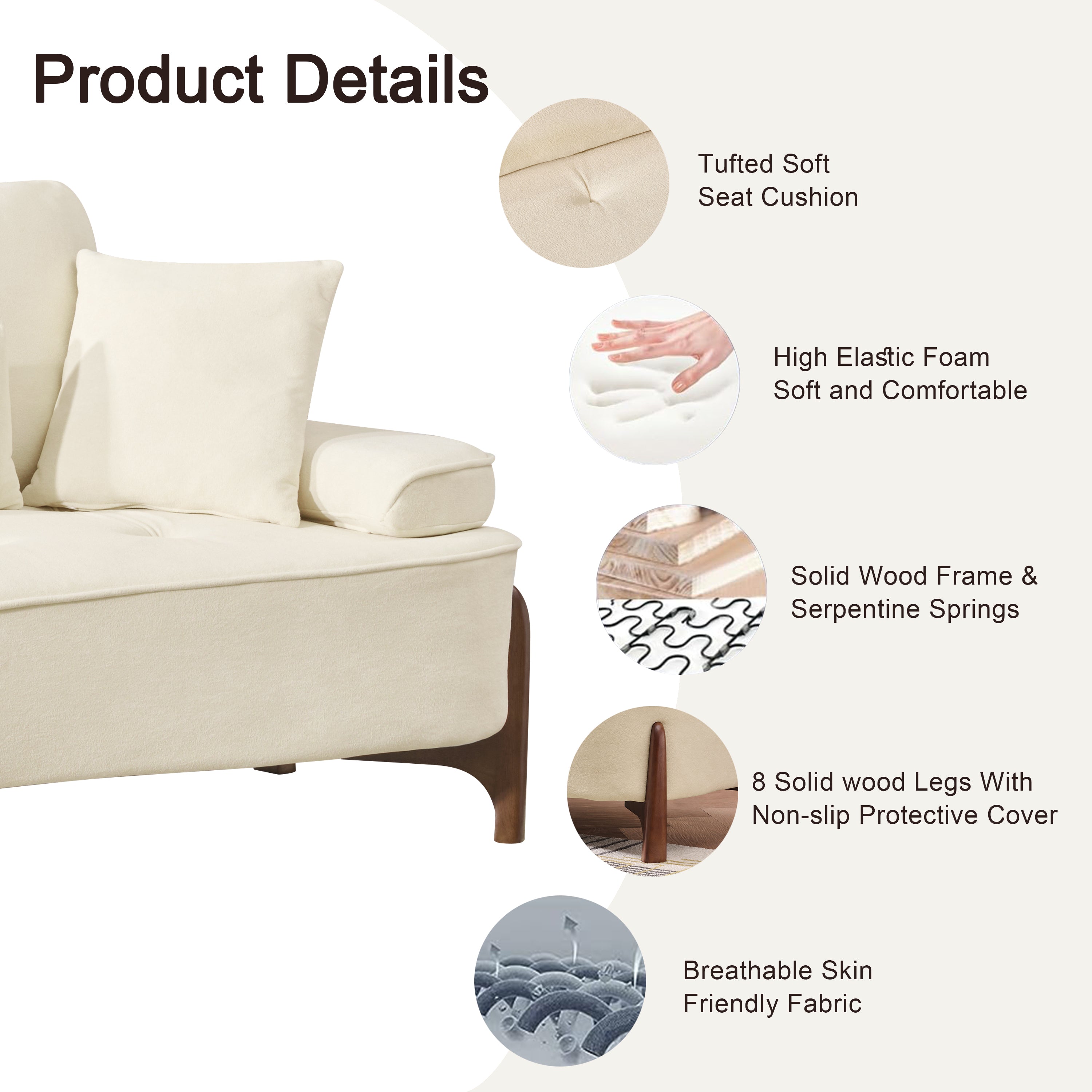 103 Inch Comfortable Deep Seated Sofa with Pillows in Beige Cloud Velvet Polyester for Bedroom, Living Room, Office