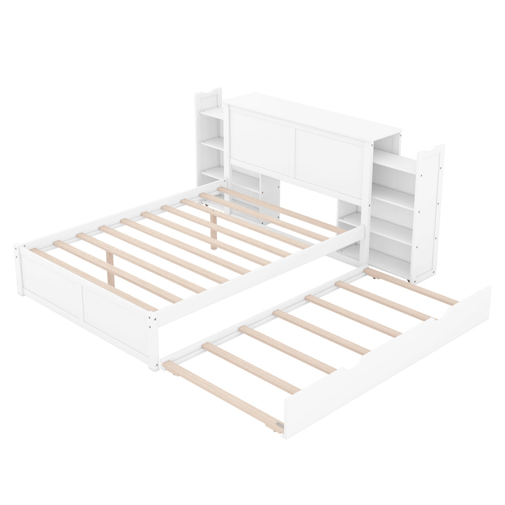 Full Size Storage Platform Bed with Pull Out Shelves and Twin Size Trundle, White