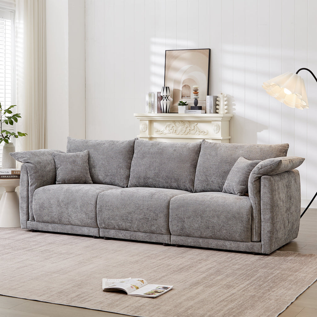 98.5' 3-seater sofa with unique design and soft arm pillows Contemporary style linen sofa with 3 comfortable cushions with 2 pillows Suitable for living room bedroom and office,grey