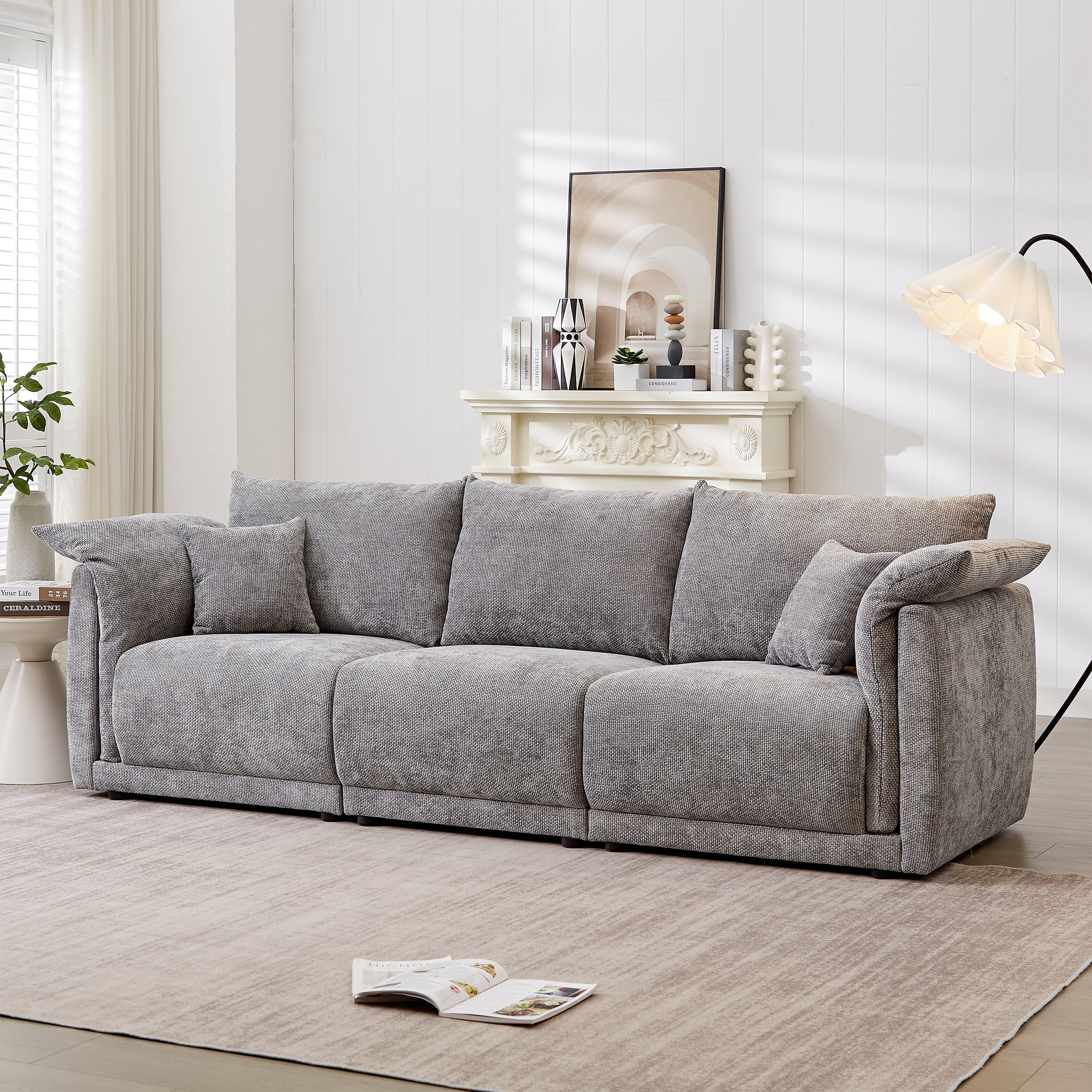 98.5' 3-seater sofa with unique design and soft arm pillows Contemporary style linen sofa with 3 comfortable cushions with 2 pillows Suitable for living room bedroom and office,grey