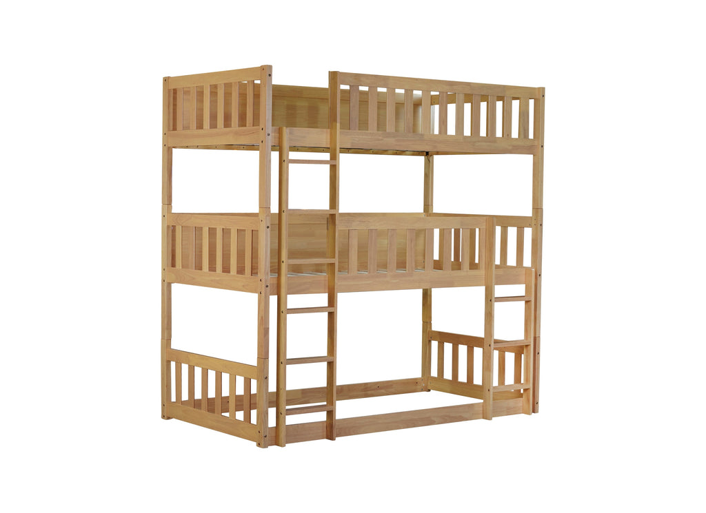 Twin Size Triple Rubber Wood Bunk Bed, with Ladders, Guardrails Detachable Bunk Bed, Twin over Twin over Twin,Natural