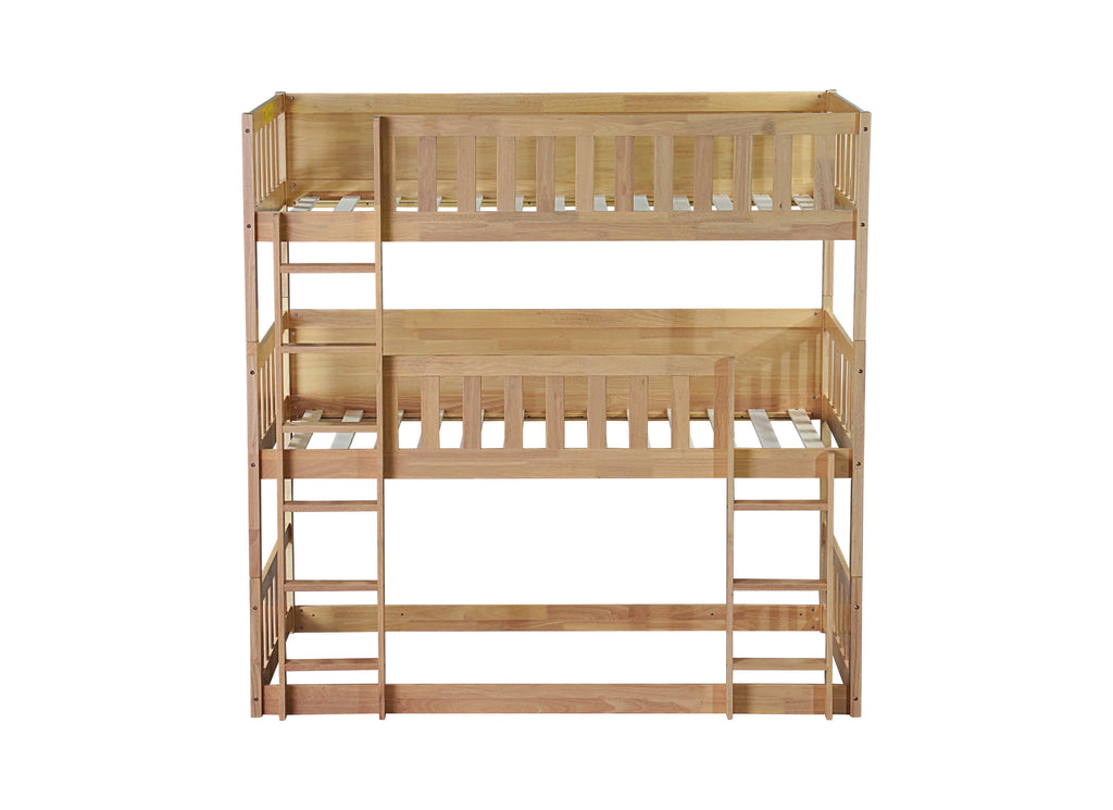 Twin Size Triple Rubber Wood Bunk Bed, with Ladders, Guardrails Detachable Bunk Bed, Twin over Twin over Twin,Natural