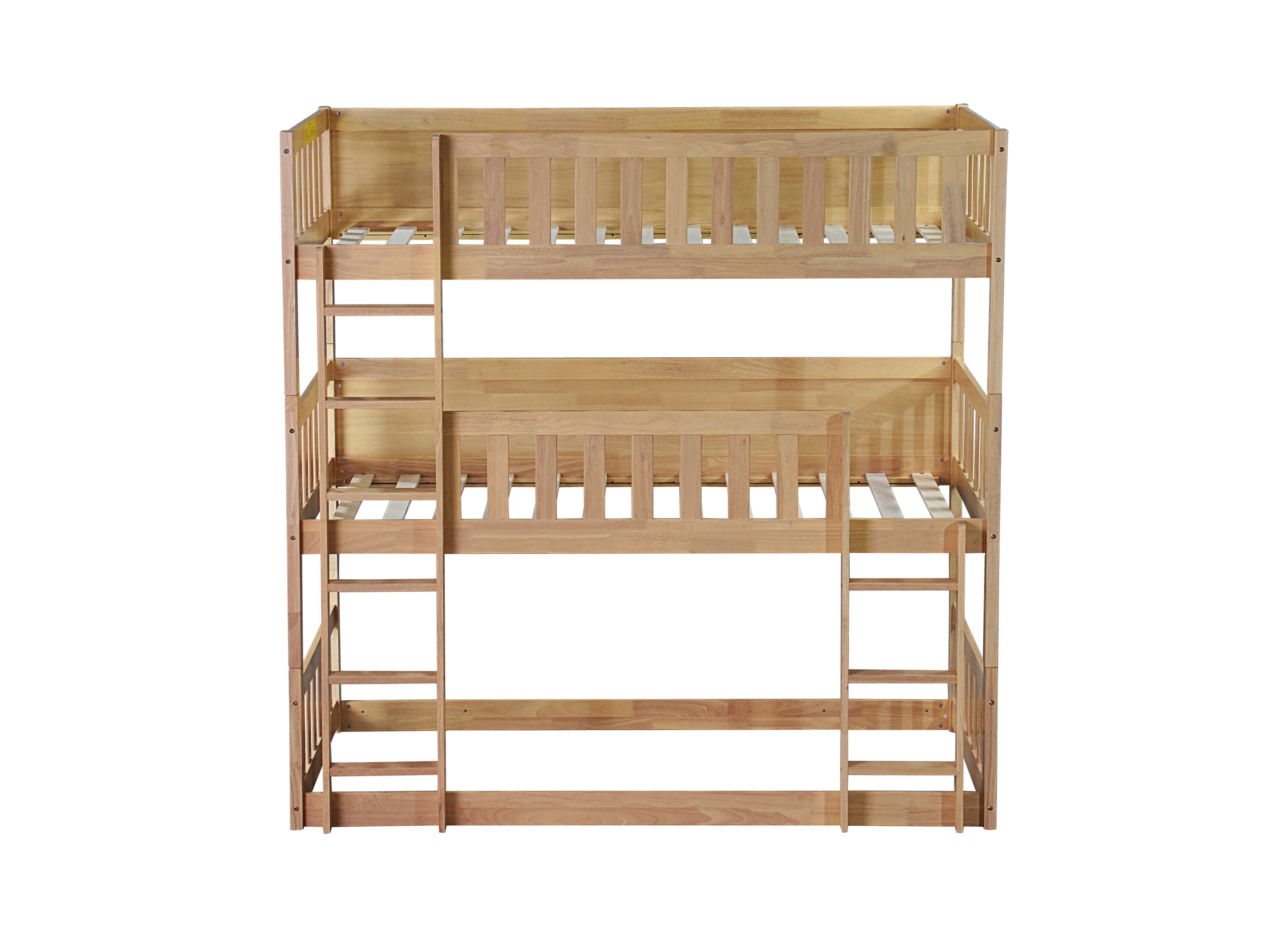 Twin Size Triple Rubber Wood Bunk Bed, with Ladders, Guardrails Detachable Bunk Bed, Twin over Twin over Twin,Natural