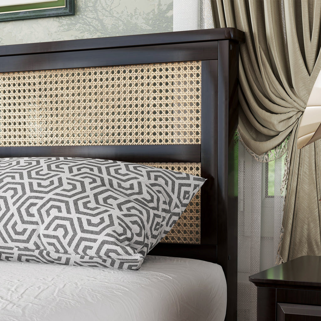 Queen Size Rubber Wooden, Solid Wooden Bed with Rattan Headboard, Enhanced by Support Feet,Espresso