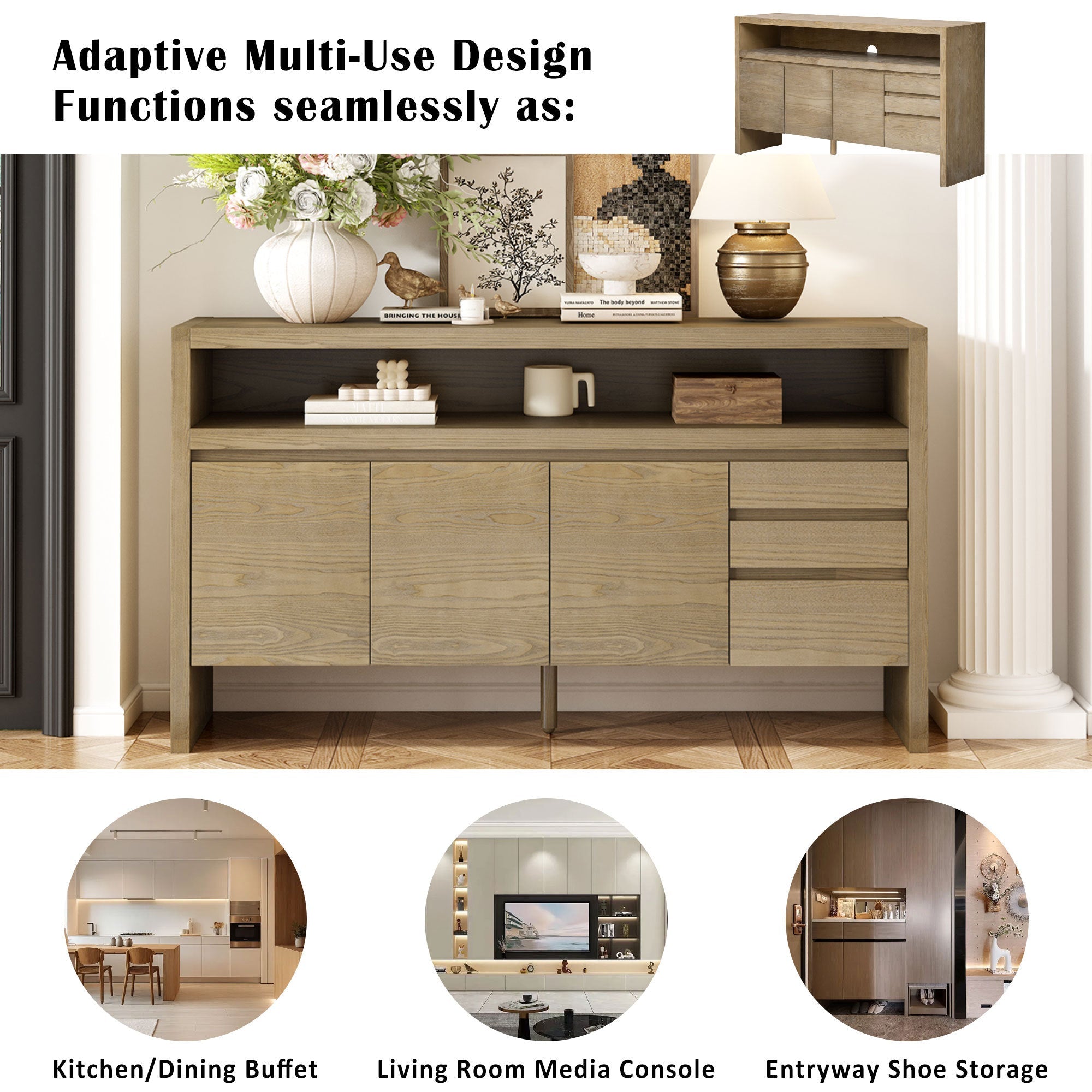 U_Style 60' 3-Door Sideboard with 3 Drawers - Modern Solid Ash Veneer MDF Sideboard, Semi-Open Shelf & Center Semi-Circular Cutout in Back Panel, Large Storage Cabinet for Living Room, Hallway, Dining