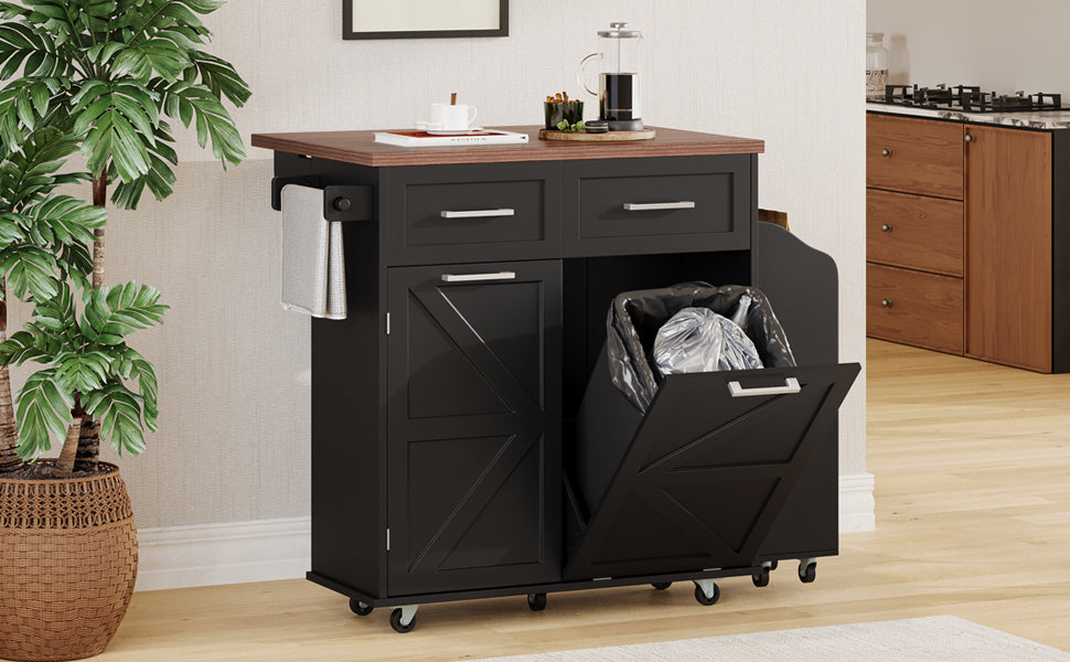 K&K 47.2' Farmhouse Kitchen Island with Drop Leaf, Kitchen Storage Island with Removable Side Racks, Two Drawers, Rolling Kitchen Cart on Wheels with Towel Rack, for Home, Kitchen, Dining Room, Black