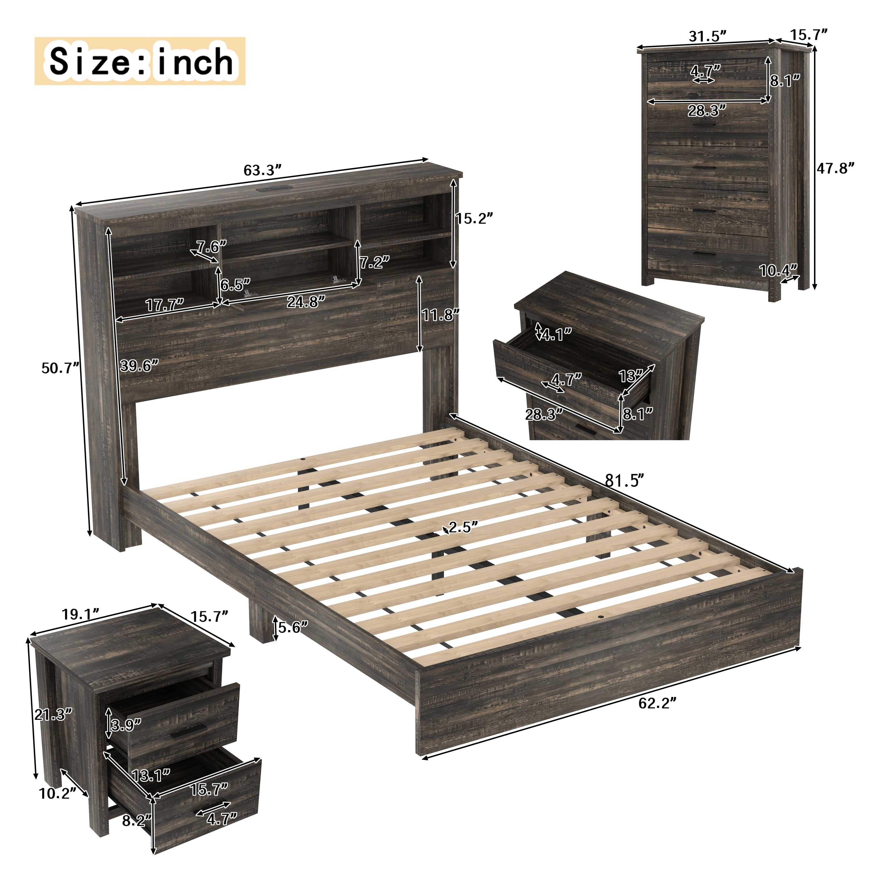 4PCS Bedroom Sets, Wooden Queen Size Bed Frame with Storage Headboard and Charging Station, 2 Nightstands with 2 Drawers, 1 Dresser with 5 Drawers, Antique Gray