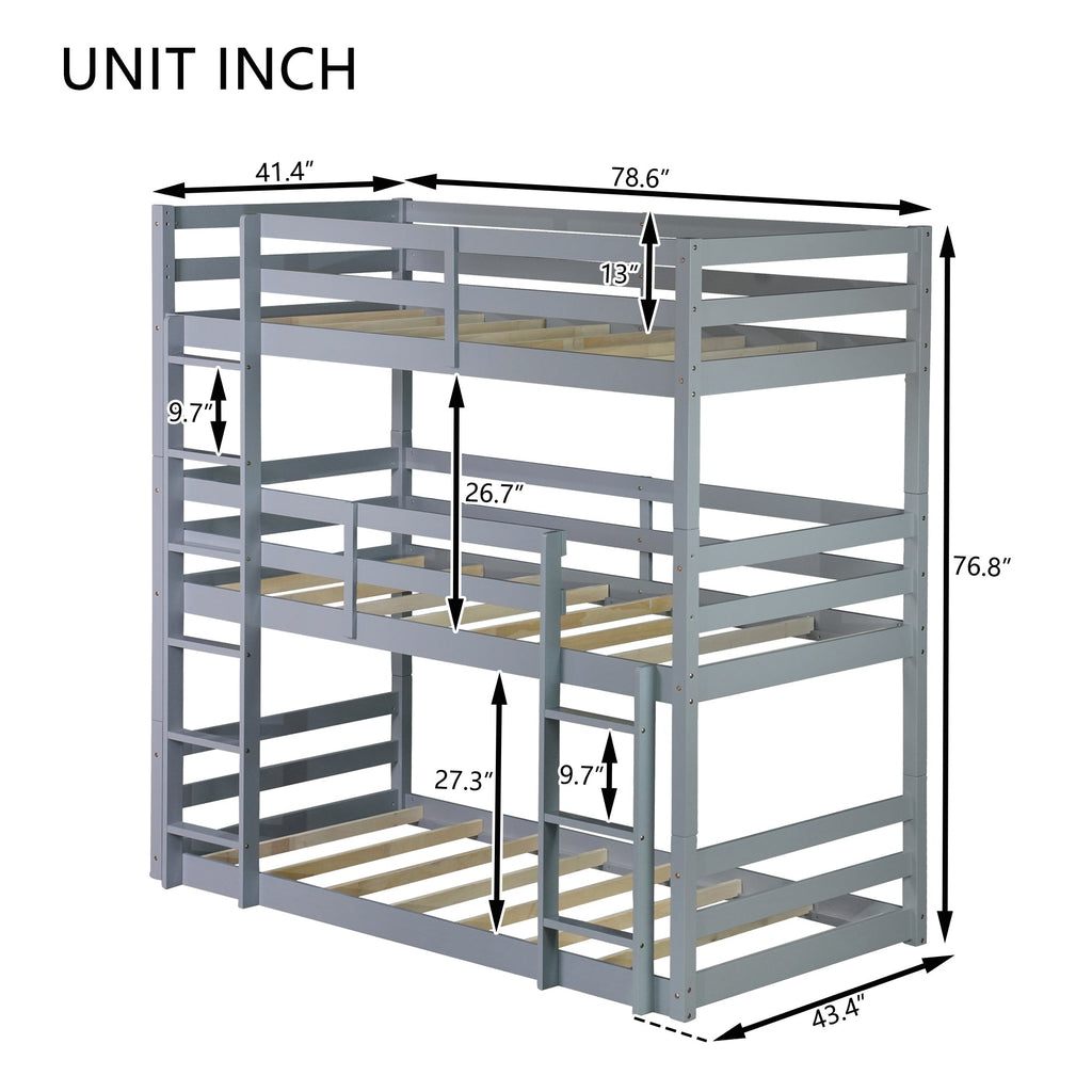 Triple Rubber Wood Bunk Bed with Two Built-in Ladders, Guardrails, Twin over Twin over Twin, Detachable Triple Twin Bunk Bed,Grey