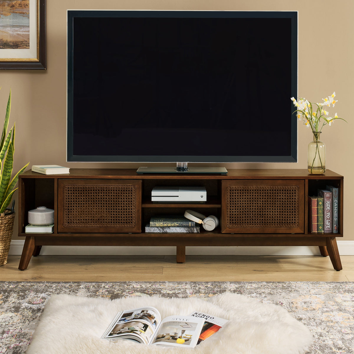 67.9 Inch Mid Century Modern Rattan TV Stand for TVs up to 75', Entertainment Cabinet, Media Console for Living Room Media Room, Solid Wood Feet & Rattan Cabinet Doors - Walnut