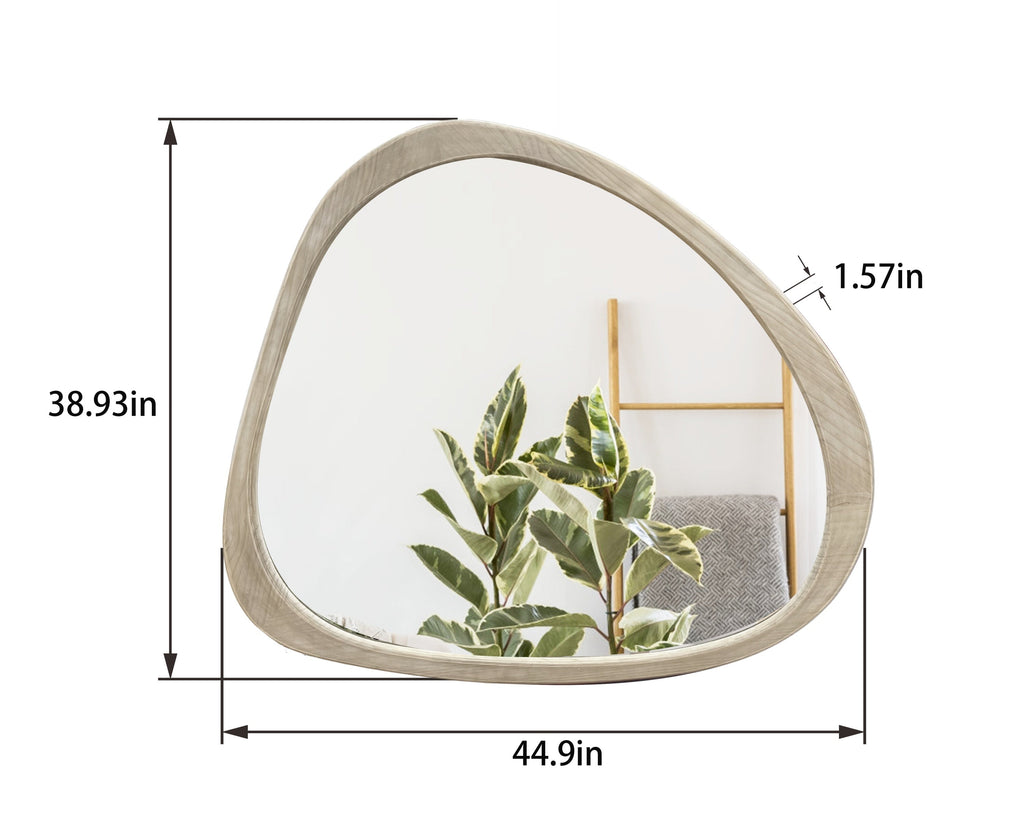 Solid Wood Mirror 45 Inch Asymmetrical Wall Mirror Wooden Framed Mirror Large Sized Dressing Mirror, for Living Room, Bedroom, Bathroom, Hallway or Entry Way, Natural Wood Washed