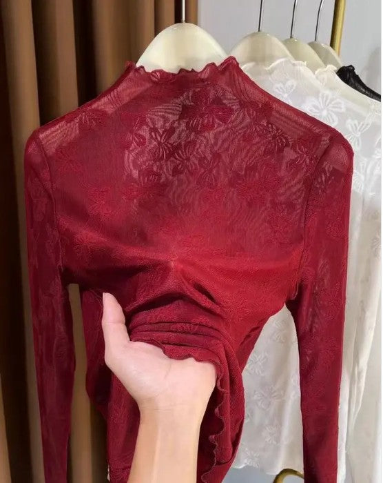 Mesh bow printed long sleeve top