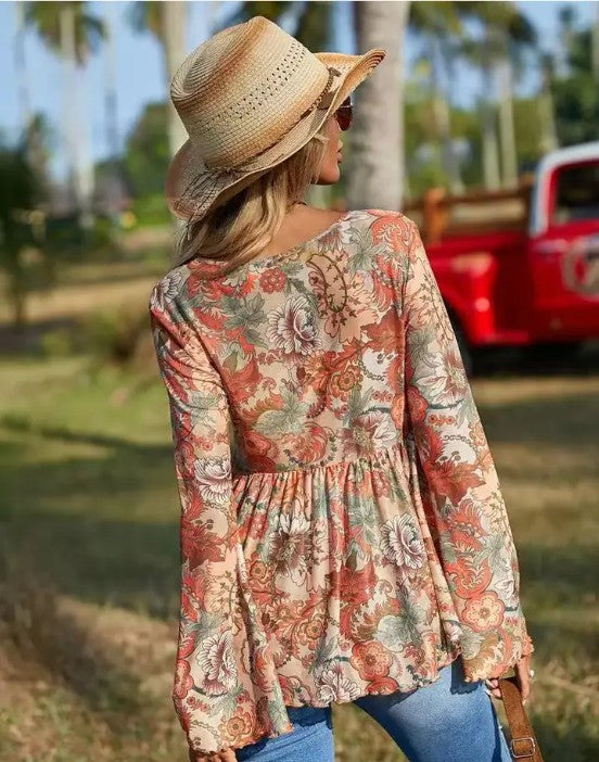 Western Printed Bell Sleeve Blouse