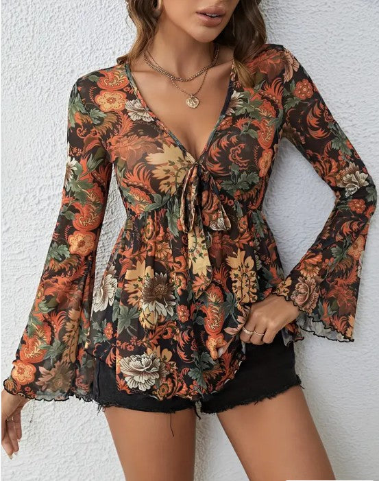 Western Printed Bell Sleeve Blouse