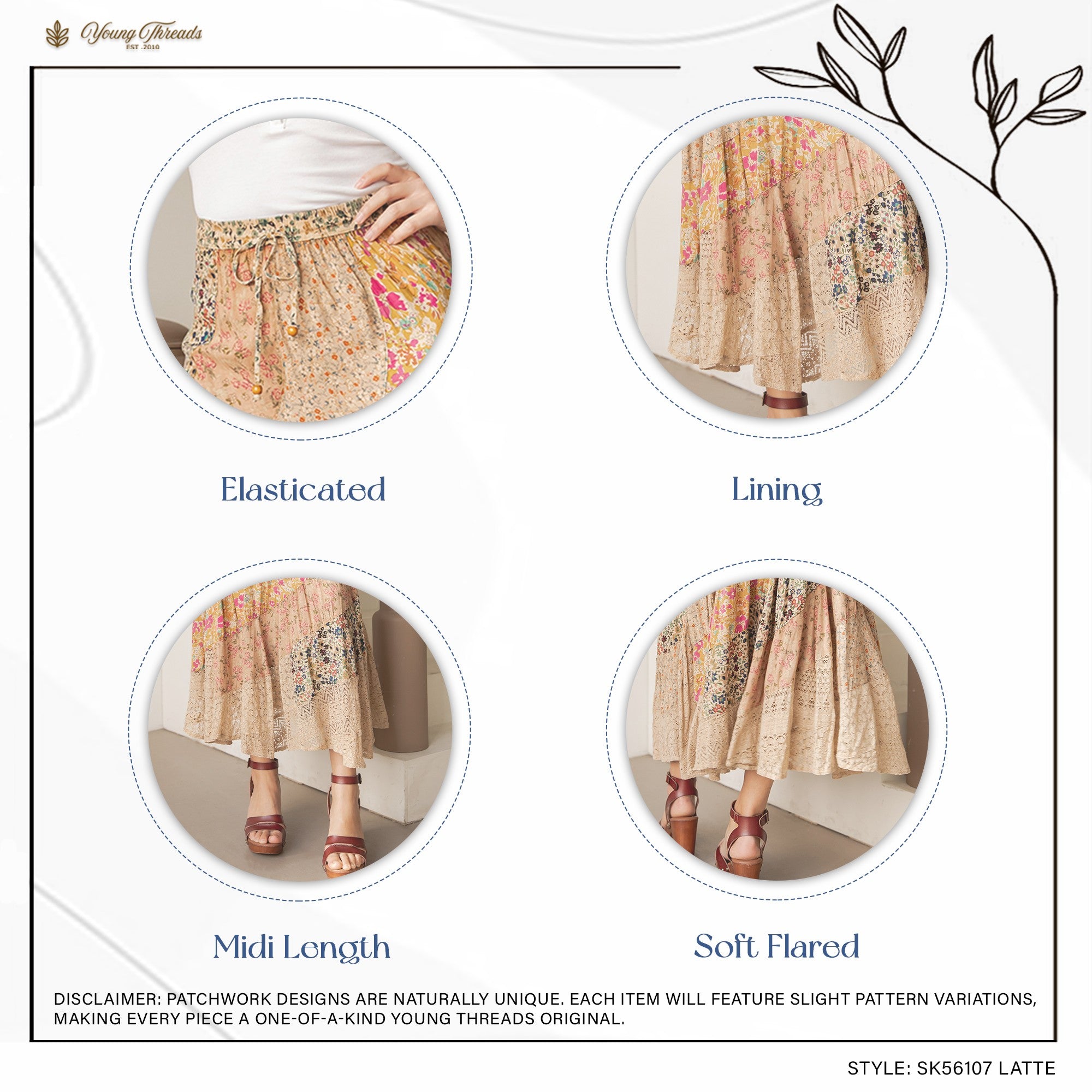 Young Threads Boho Patchwork Tiered Drawstring Maxi Skirt