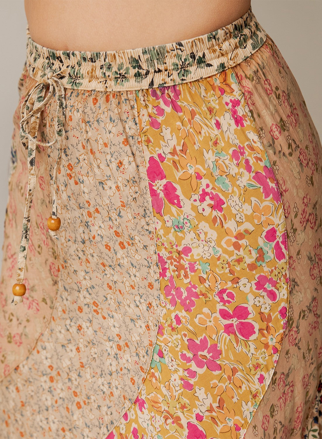 Young Threads Boho Patchwork Tiered Drawstring Maxi Skirt