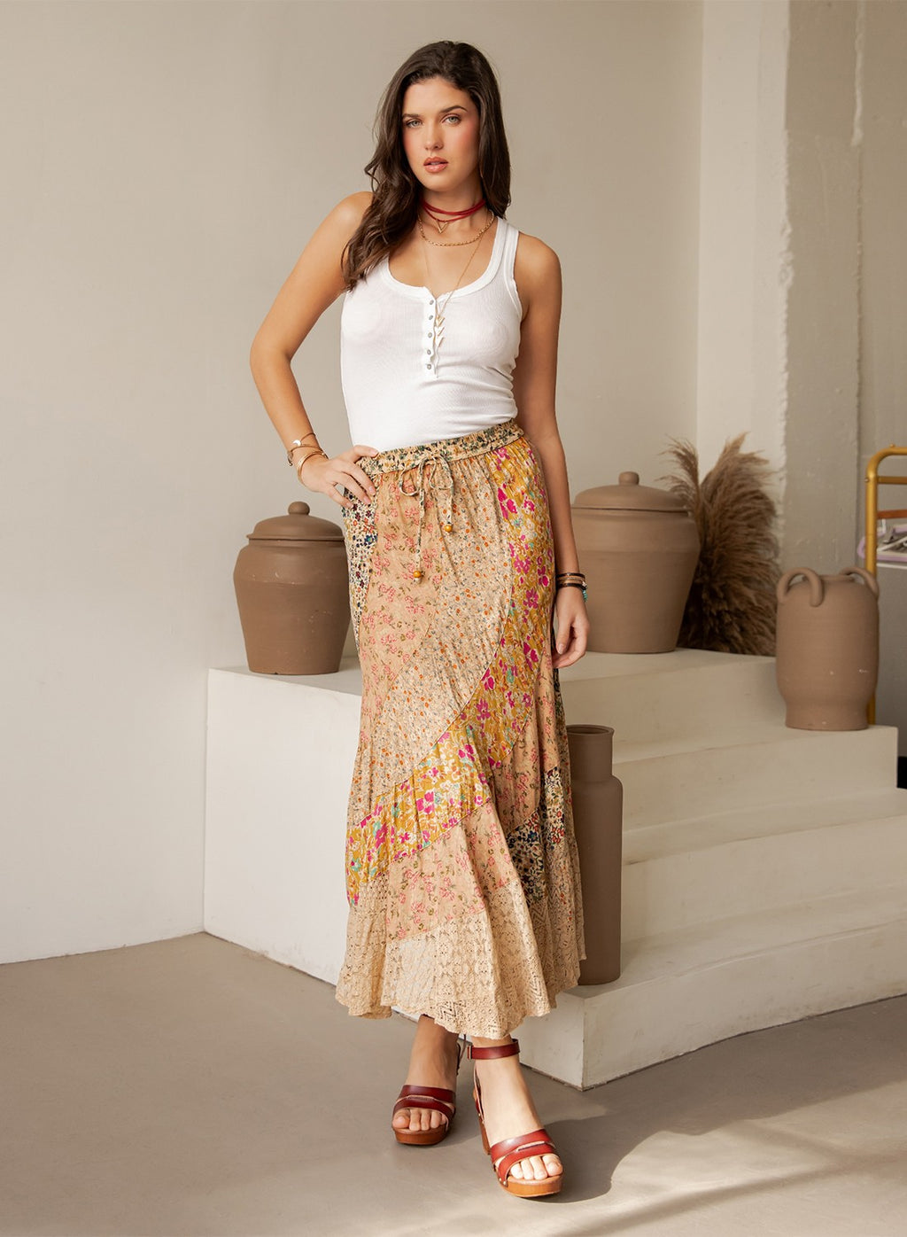 Young Threads Boho Patchwork Tiered Drawstring Maxi Skirt
