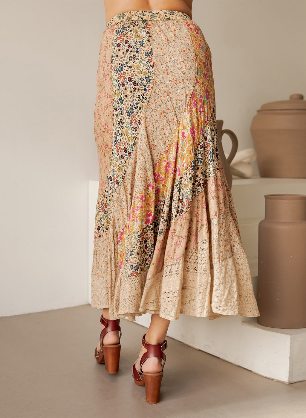 Young Threads Boho Patchwork Tiered Drawstring Maxi Skirt