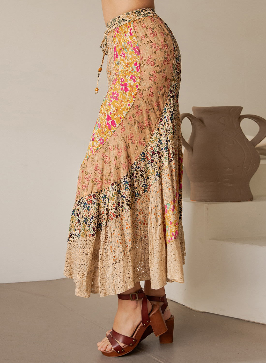 Young Threads Boho Patchwork Tiered Drawstring Maxi Skirt