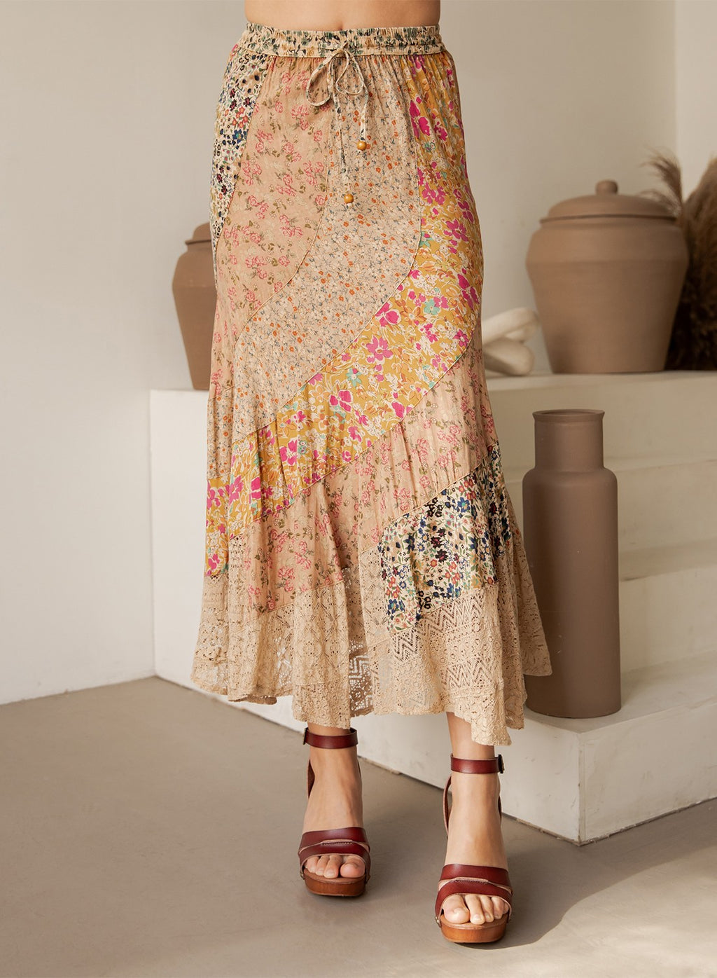 Young Threads Boho Patchwork Tiered Drawstring Maxi Skirt