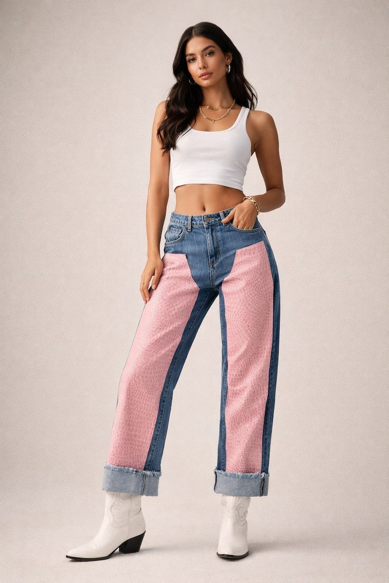 Low Rise Cuffed Jeans with Pink Vinyl Croc Panels
