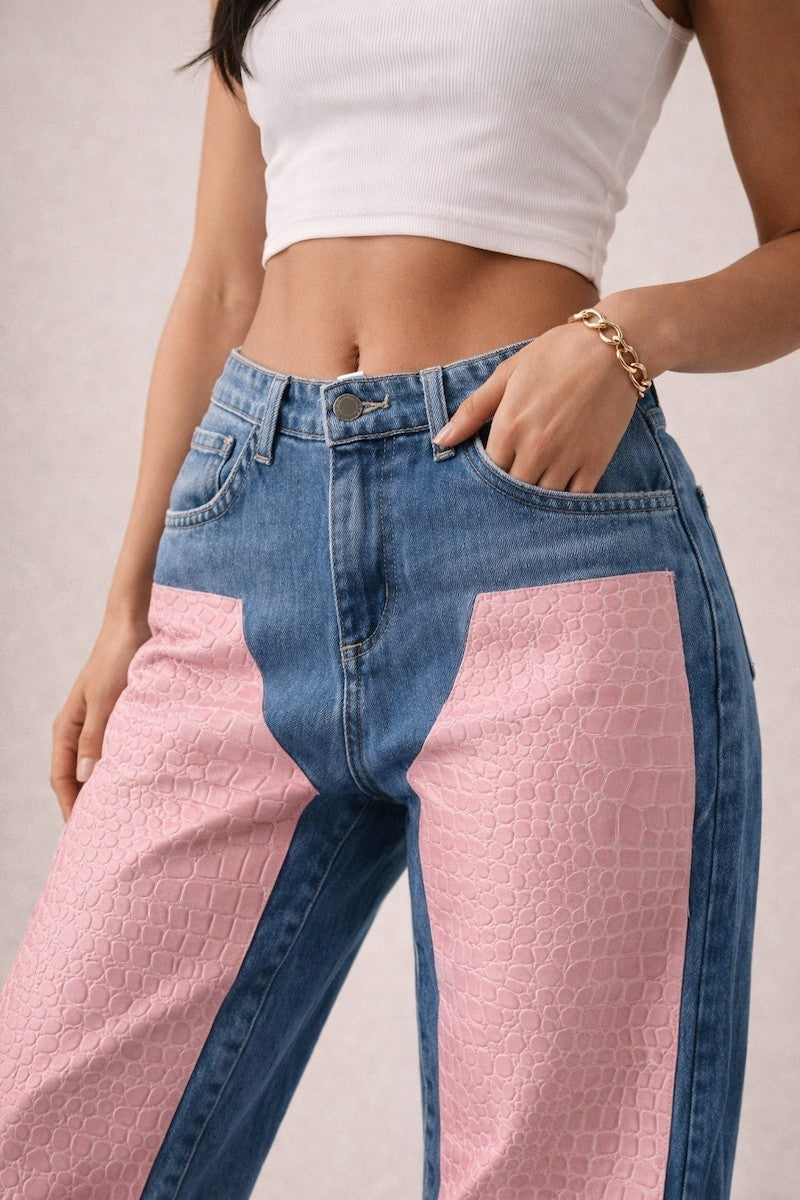 Low Rise Cuffed Jeans with Pink Vinyl Croc Panels