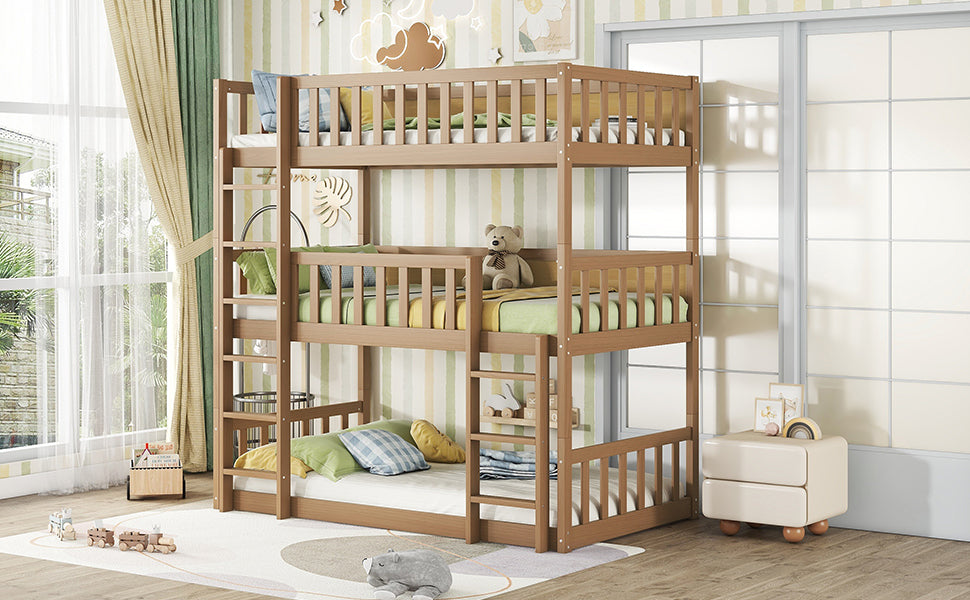 Twin Size Triple Rubber Wood Bunk Bed, with Ladders, Guardrails Detachable Bunk Bed, Twin over Twin over Twin,Natural