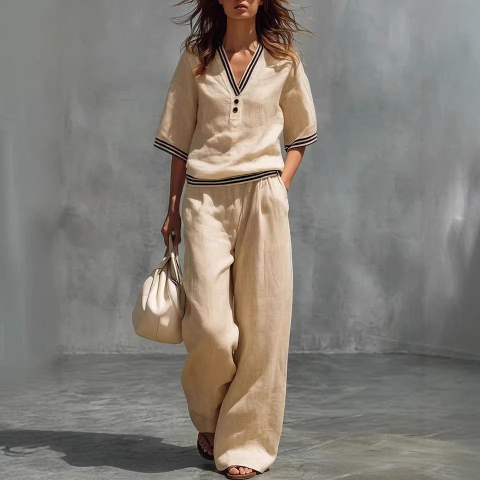 V-Neck Short-Sleeve Shirt & Pants Set – Cotton-Linen Two-Piece