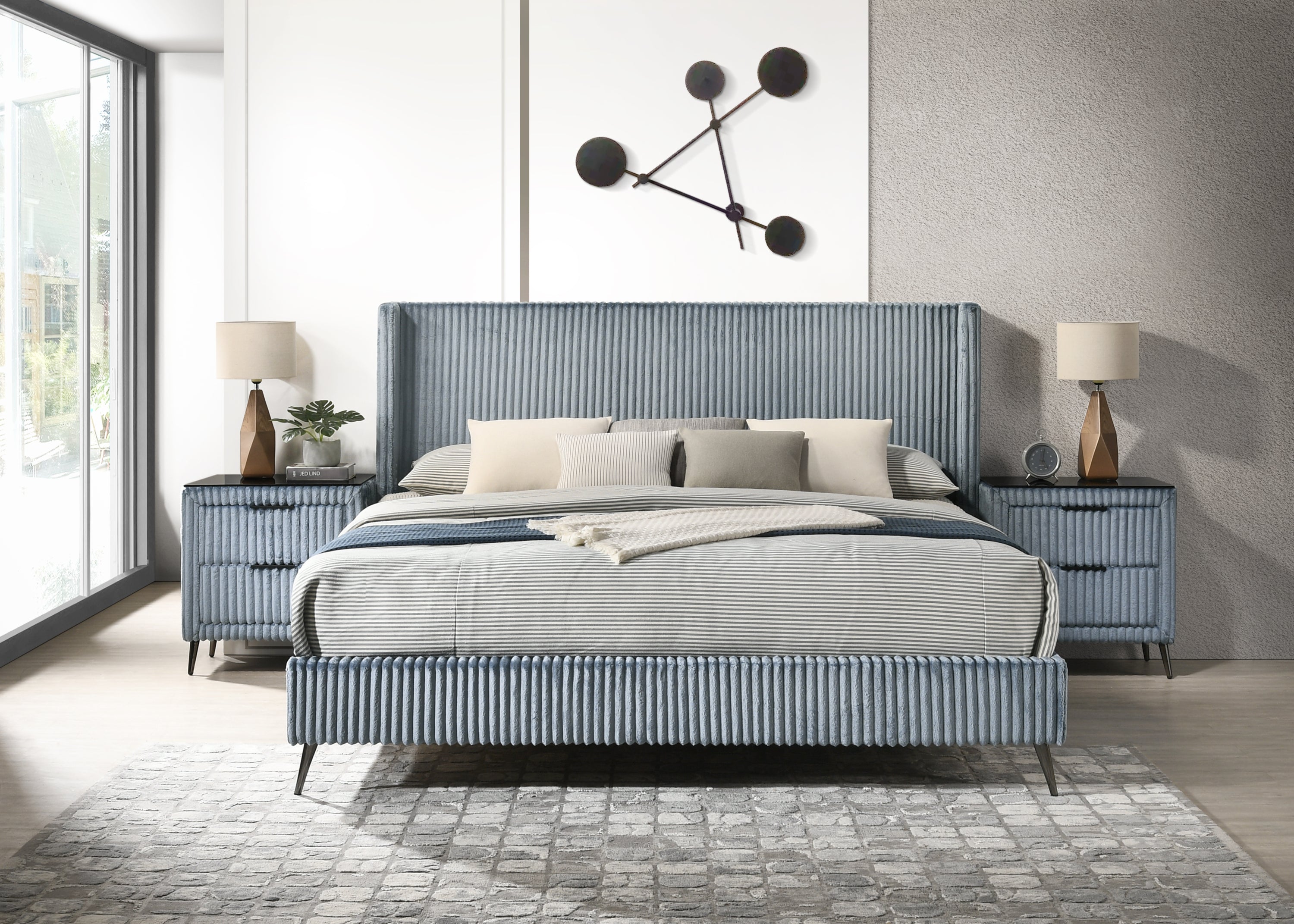 Mavela Wide Wale Corduroy Upholstery Panel King Bed with 2 Nightstands, Blue